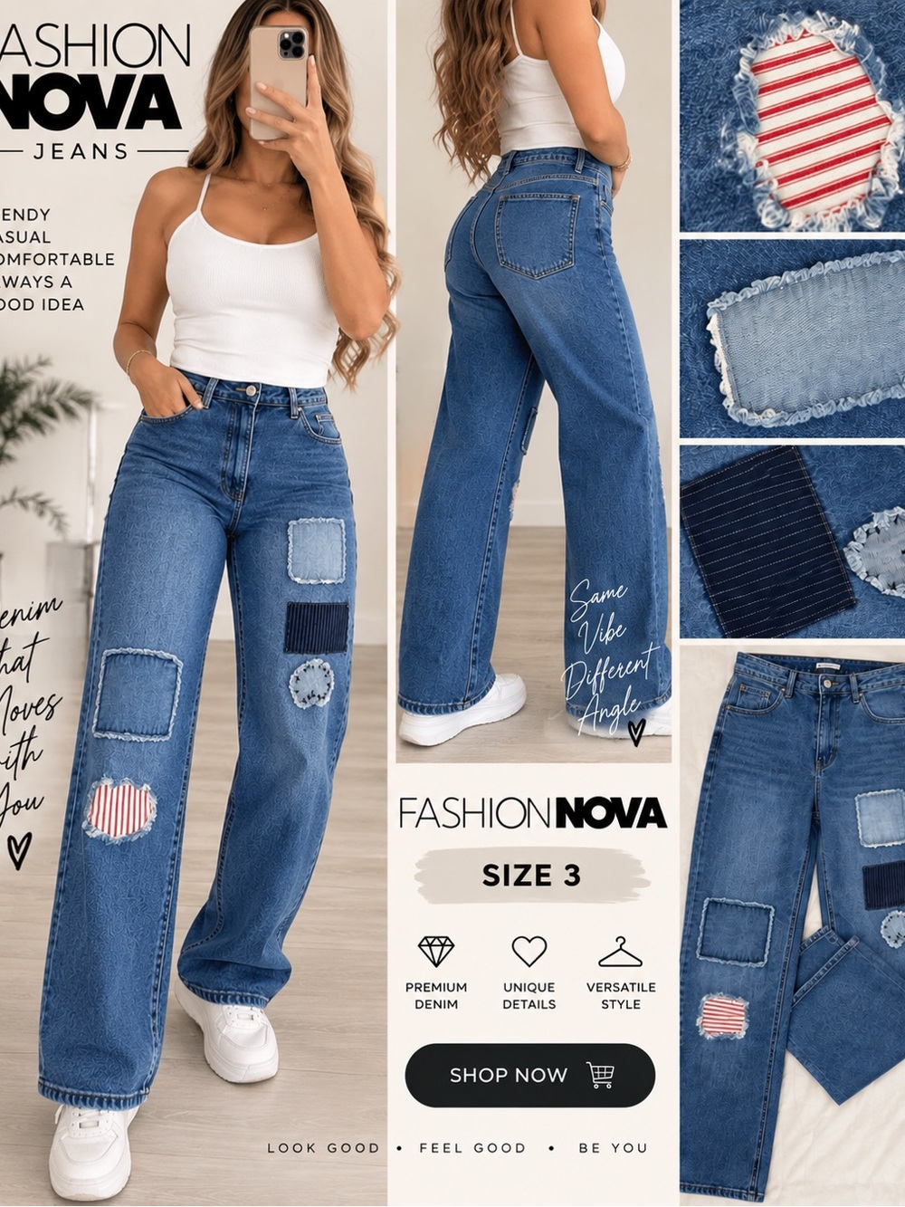 Fashion Nova Blue Patchwork Wide Leg Jeans with Red Accent
